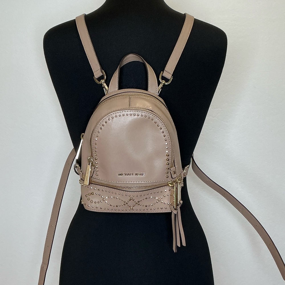 Michael Kors Rhea Studded Leather Mini Backpack in Taupe - Picture 4 of 16